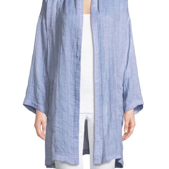 Eileen Fisher Woman $278 Crinkle Gauze Kimono Coat Chambray Blue One Size NWT! - Picture 2 of 3